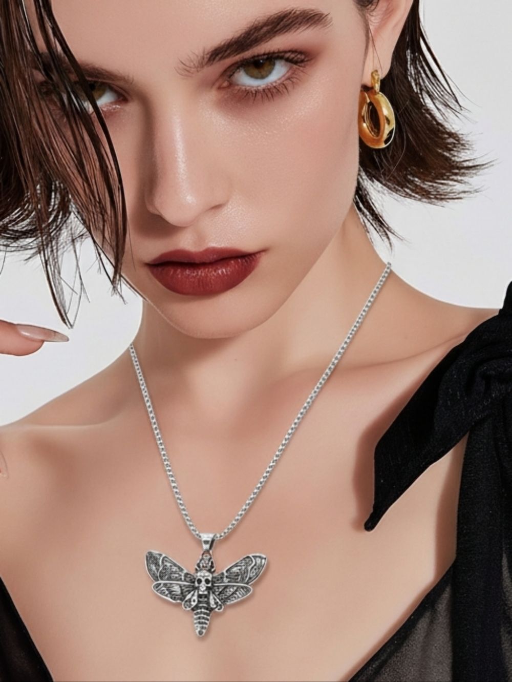 Gothic Death Head Moth Necklace Stainless Steel Large Bold Statement Skull Moth